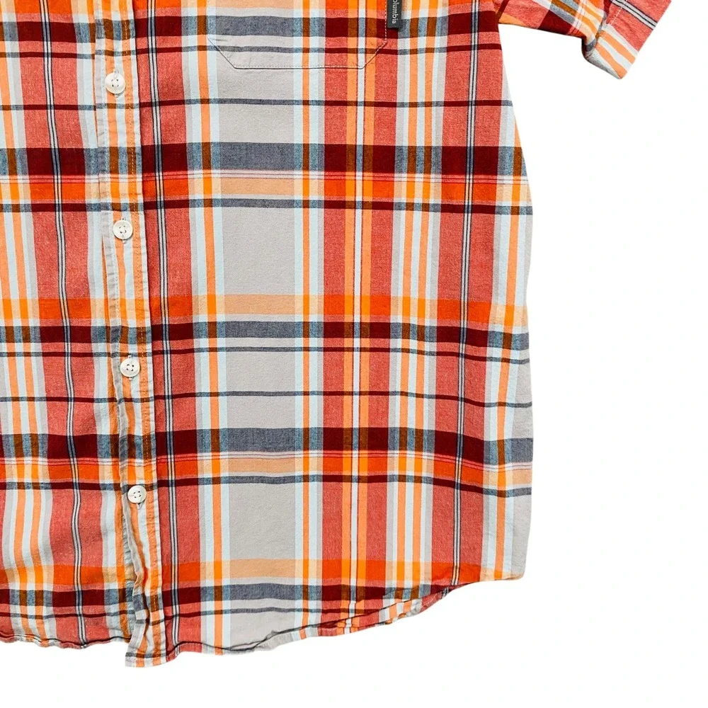 Columbia‎ Mens XL Regular Fit Short Sleeve Plaid Button Down Shirt Orange Grey